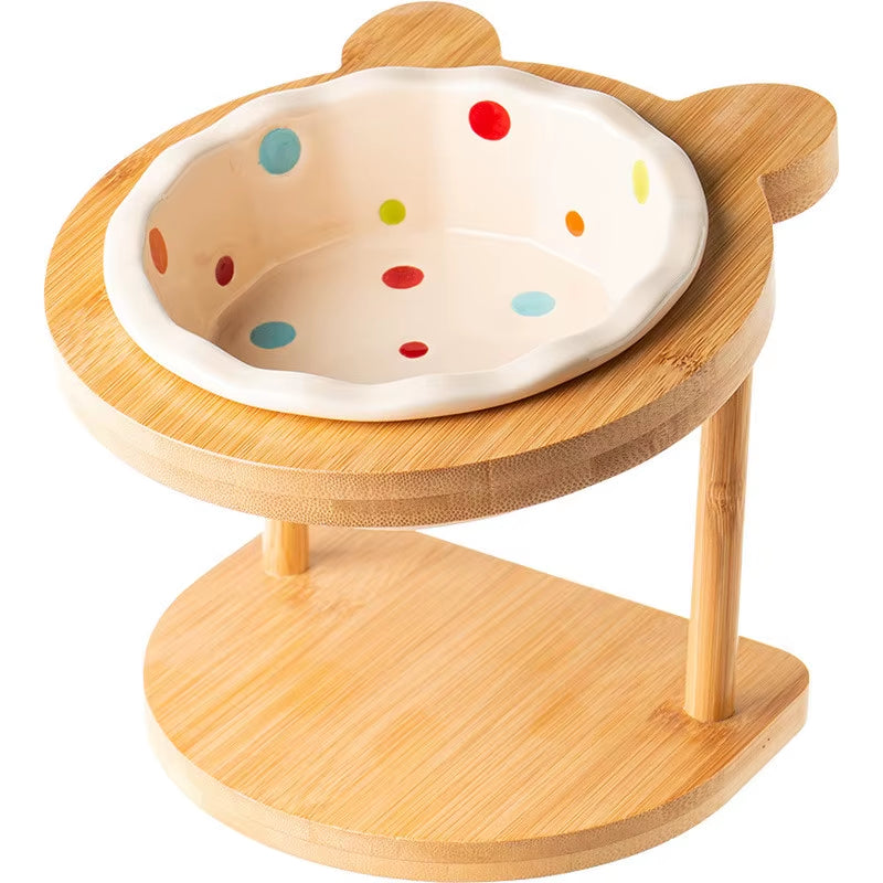 Cute Pets Double Bowl Dog Cat Food Water Feeder Stand Raised Ceramic Dish Bowl Wooden Table Pet Supplies