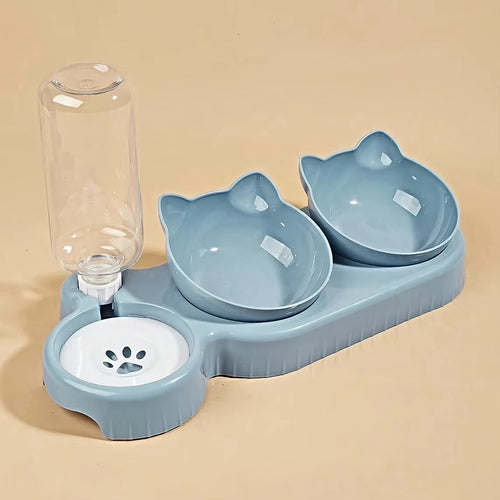Pet Bowls with Water Feeder, 3 in 1 Ear Design Tilted Cat Water and Food Bowl Set with Gravity Water Bottle for Neck Protection