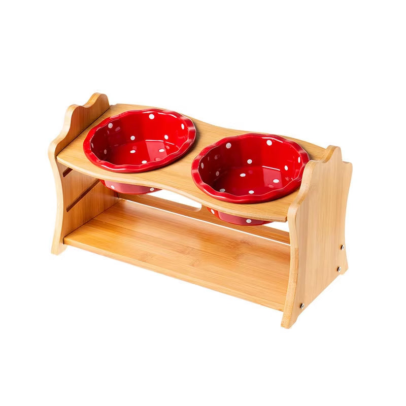 Cute Pets Double Bowl Dog Cat Food Water Feeder Stand Raised Ceramic Dish Bowl Wooden Table Pet Supplies