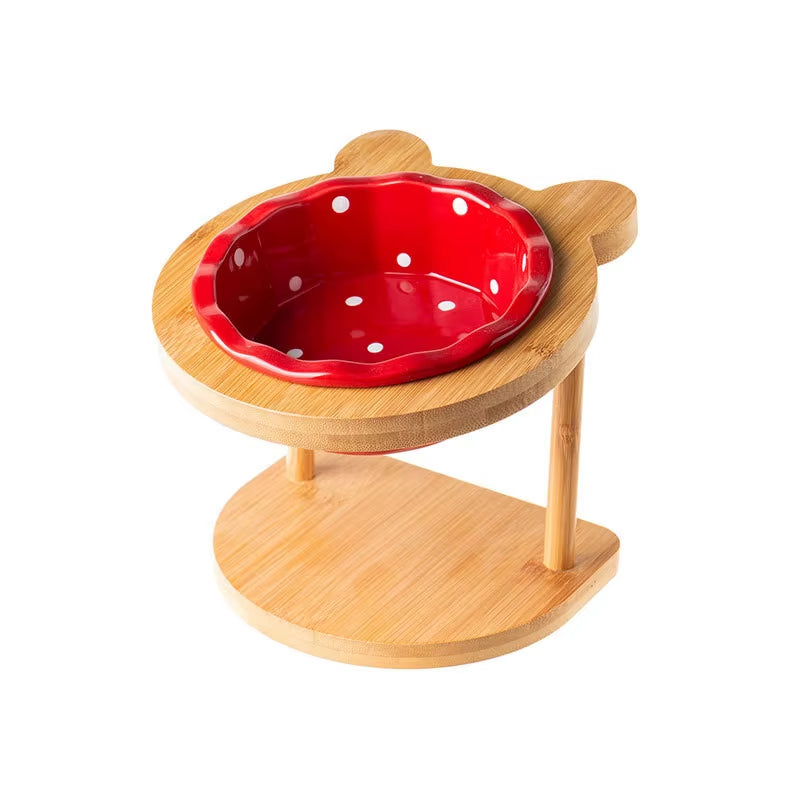 Cute Pets Double Bowl Dog Cat Food Water Feeder Stand Raised Ceramic Dish Bowl Wooden Table Pet Supplies