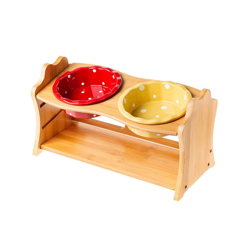 Cute Pets Double Bowl Dog Cat Food Water Feeder Stand Raised Ceramic Dish Bowl Wooden Table Pet Supplies