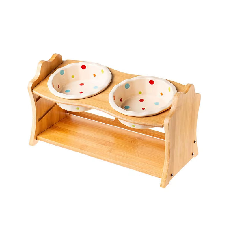 Cute Pets Double Bowl Dog Cat Food Water Feeder Stand Raised Ceramic Dish Bowl Wooden Table Pet Supplies