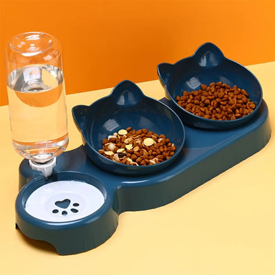 ✨ Elevated 3-in-1 Cat Bowl Set with Gravity Water Feeder – Cute Ear Design