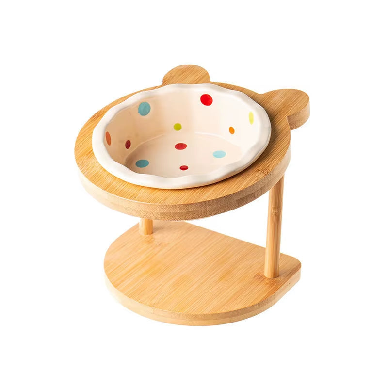 Cute Pets Double Bowl Dog Cat Food Water Feeder Stand Raised Ceramic Dish Bowl Wooden Table Pet Supplies