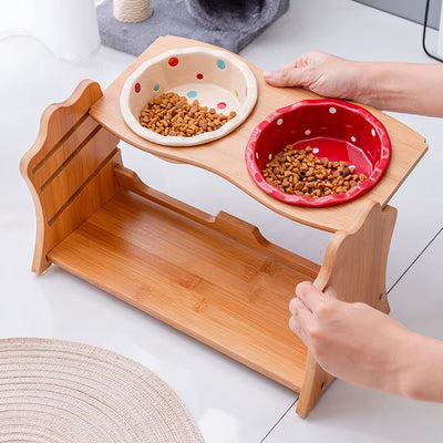 🐾 Raised Ceramic Dog & Cat Bowl Set — Wooden Stand Feeding Station