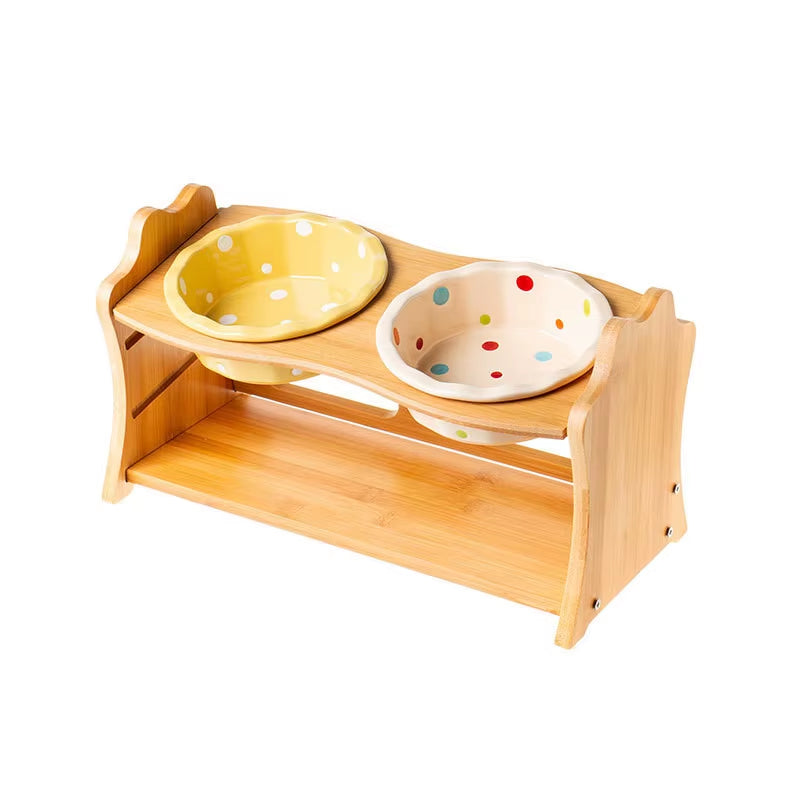 Cute Pets Double Bowl Dog Cat Food Water Feeder Stand Raised Ceramic Dish Bowl Wooden Table Pet Supplies