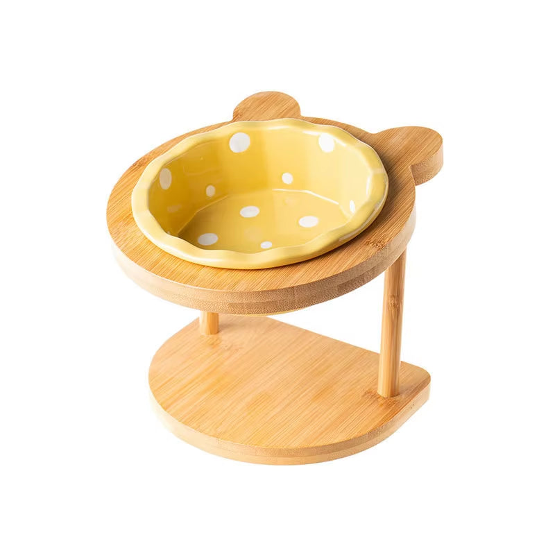 Cute Pets Double Bowl Dog Cat Food Water Feeder Stand Raised Ceramic Dish Bowl Wooden Table Pet Supplies