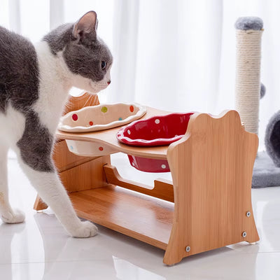 🐾 Raised Ceramic Dog & Cat Bowl Set — Wooden Stand Feeding Station