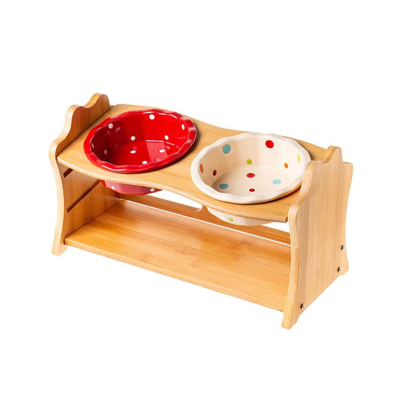 Cute Pets Double Bowl Dog Cat Food Water Feeder Stand Raised Ceramic Dish Bowl Wooden Table Pet Supplies
