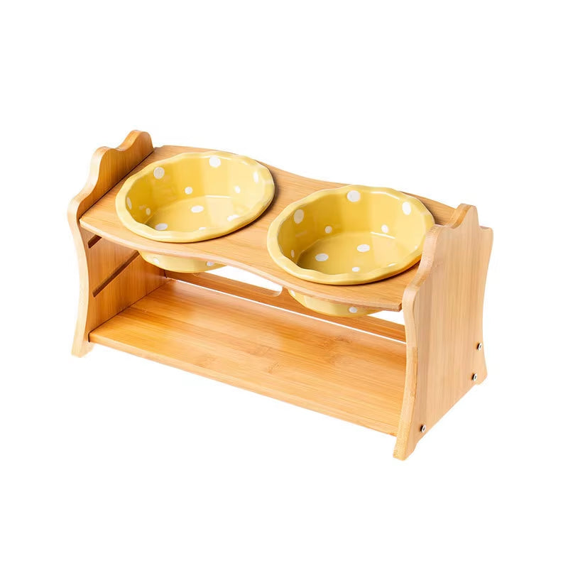 Cute Pets Double Bowl Dog Cat Food Water Feeder Stand Raised Ceramic Dish Bowl Wooden Table Pet Supplies